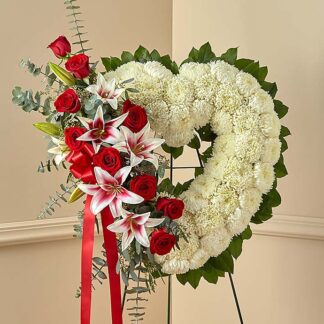 Red Rose and Lily Open Heart Standing Spray