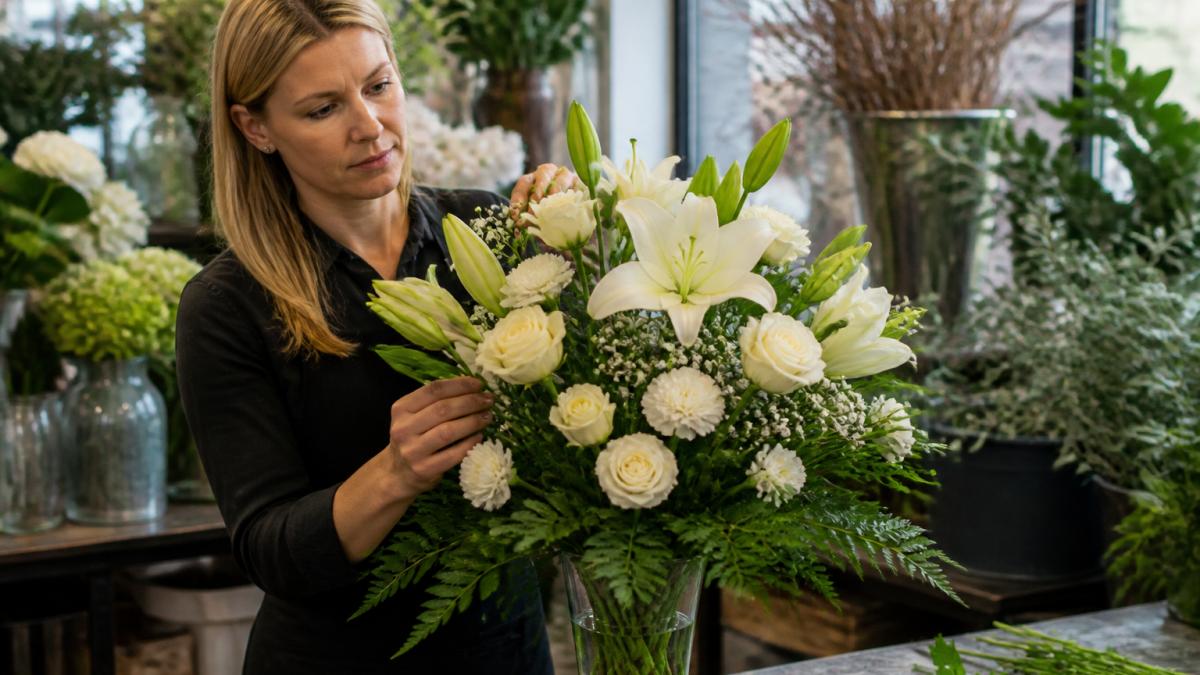 Professional florist arranging white lilies, roses, and carnations in soft natural lighting, hands carefully positioning stems in a vase with greenery and filler flowers