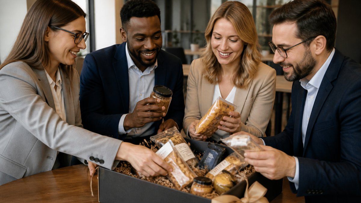 Professional team members in modern office setting unpacking and admiring an elegant gourmet corporate gift basket together, with genuine smiles and engaged expressions as they examine the contents