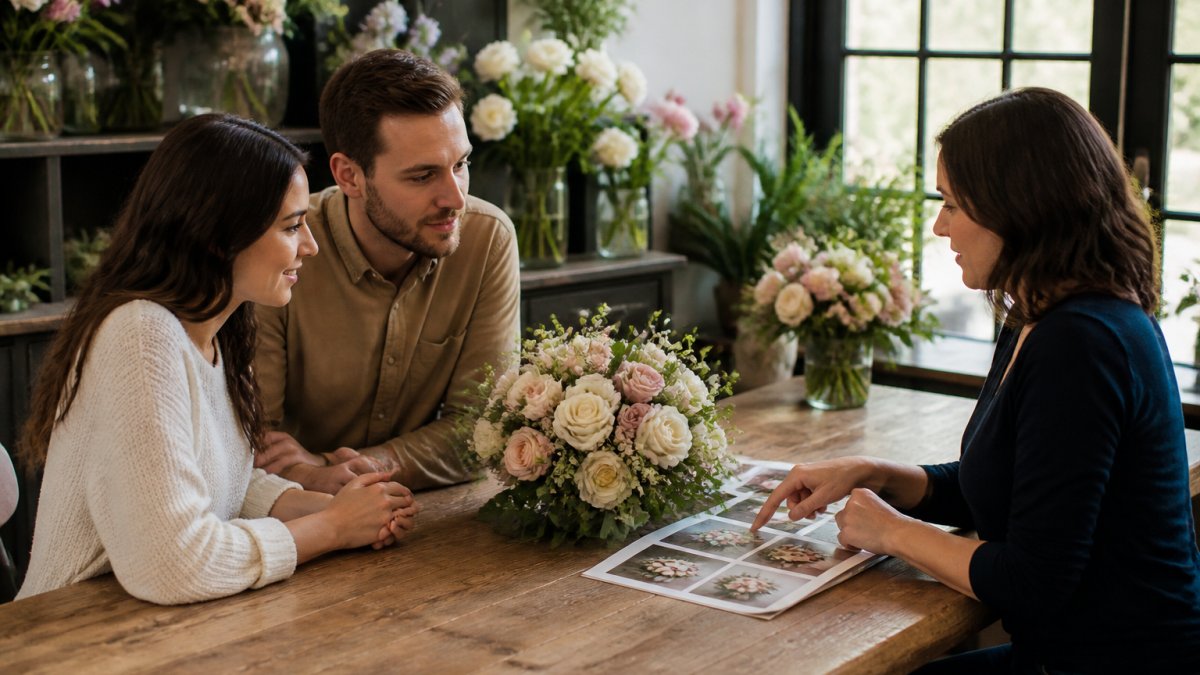 A couple sitting across a table from a florist in a bright flower shop, pointing at inspiration photos on a tablet while a bridal bouquet sample sits between them
