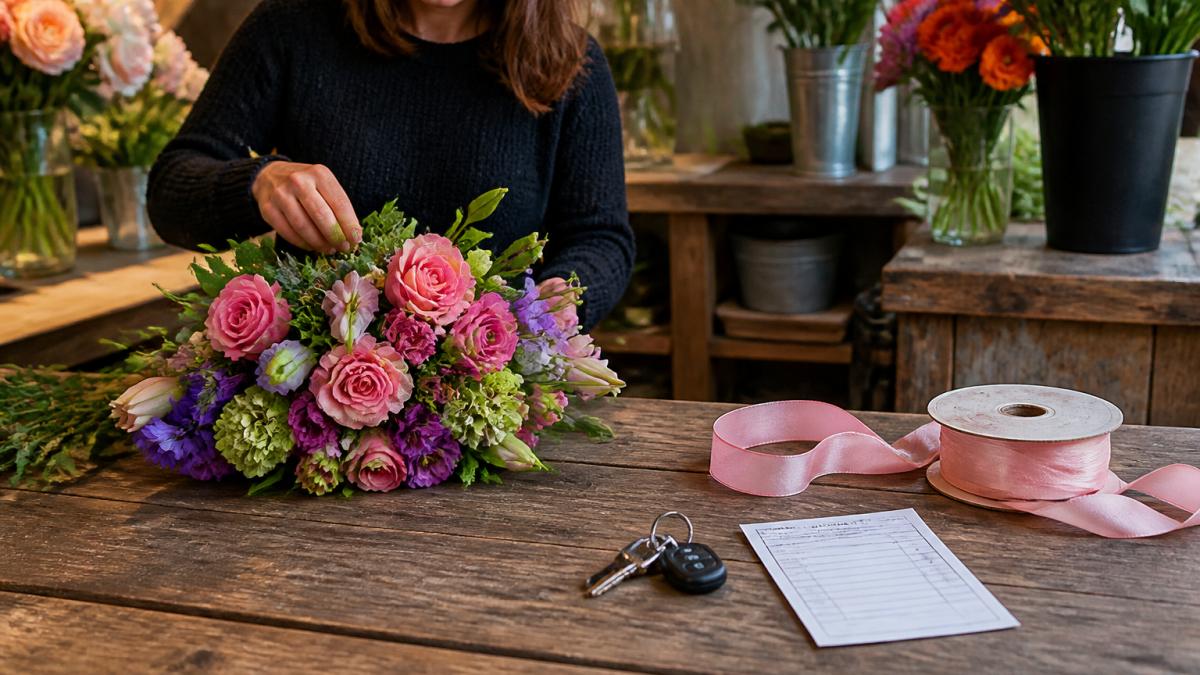 Local florist arranging seasonal flowers for same day flower delivery Mokena on a wooden workbench
