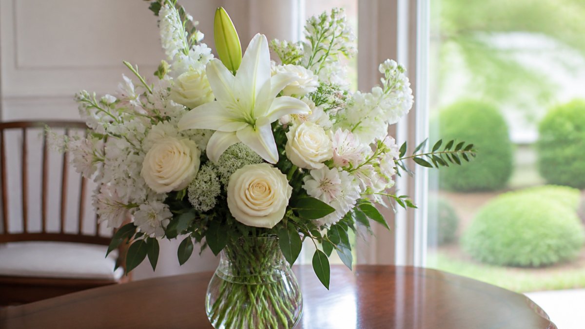 Close-up of a sympathy flower arrangement with white lilies, roses, and soft-colored blooms in a clear vase on a polished wooden table with natural window lighting