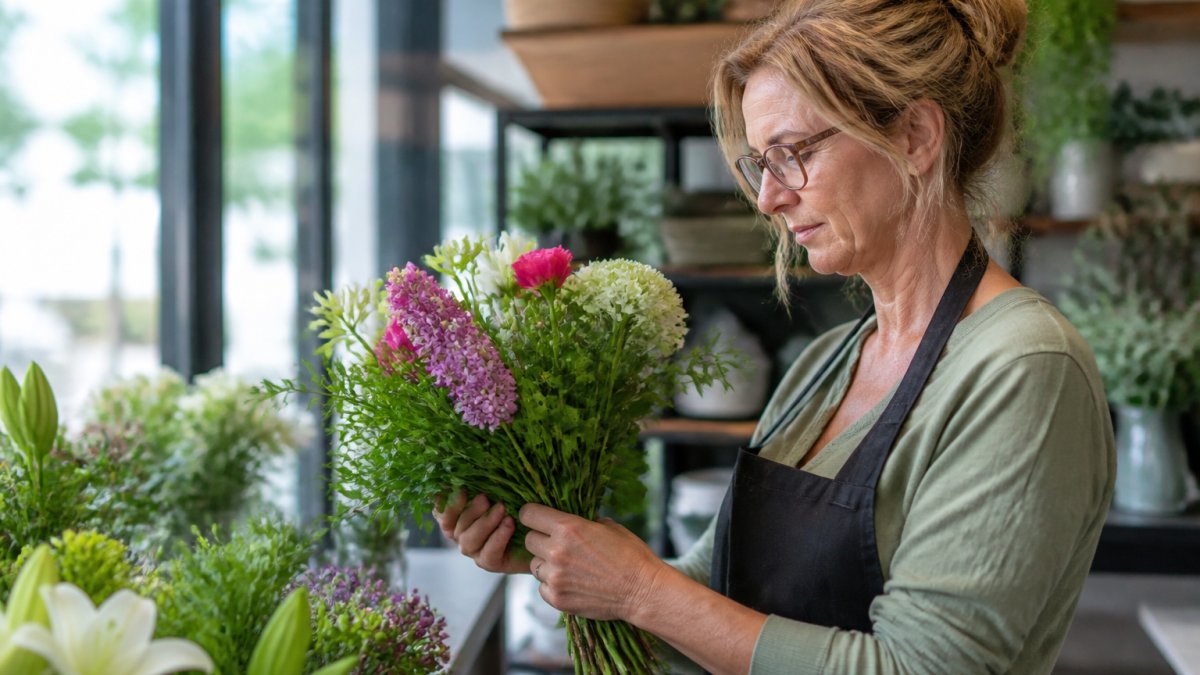 Florist examining freshly cut stems to ensure local flowers last longer in a sunlit shop